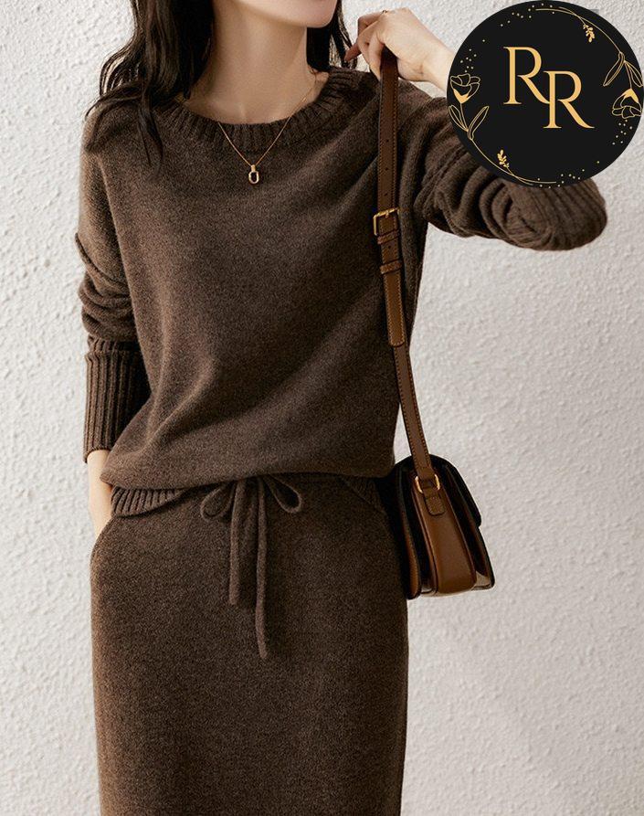 【送料無料】rrstyleレディース ニットセットアップ2点セットラウンドネックセーター＋ギャザー飾りリボン飾りスカート