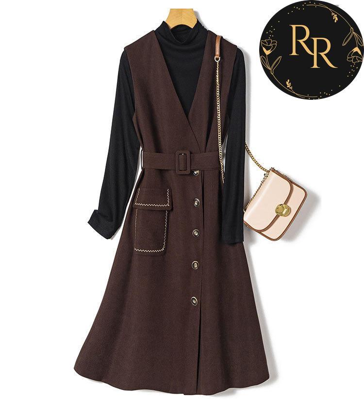 【送料無料】rrstyleレディース 2点セット無地ニットトップス+ベルト付き着瘦せワンピース