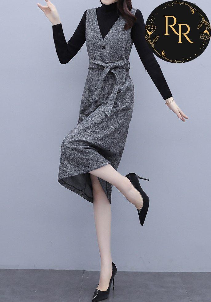 【送料無料】rrstyleレディース 2点セット 無地ハイネックニットセーター+無地Vネックリボン飾りワンピース