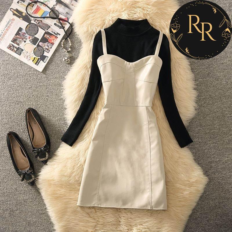 【送料無料】rrstyleレディース 2点セット着回し力抜群ラウンドネック長袖ニットセーター+無地カジュアルワンピース