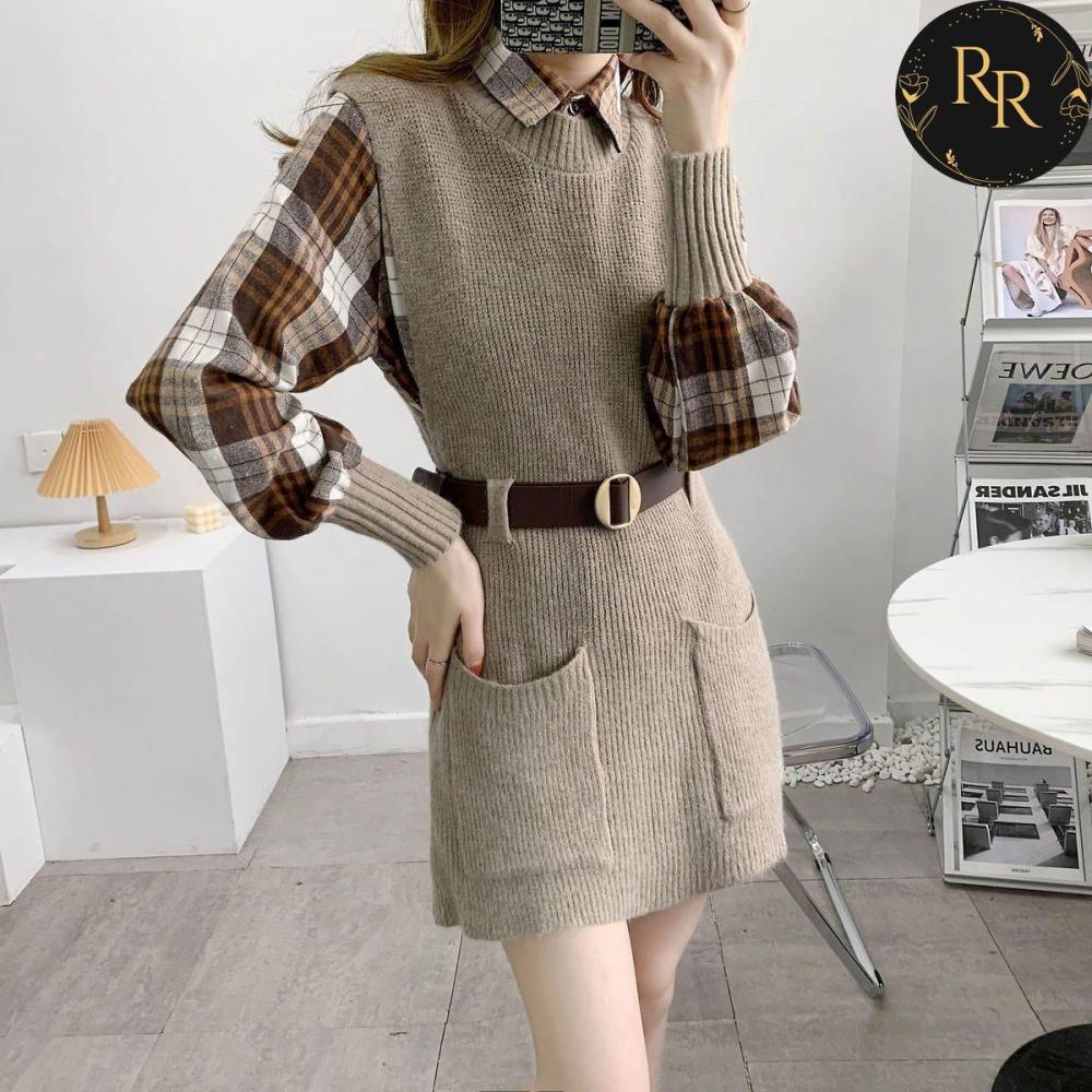 【送料無料】rrstyleレディース 2点セットチエレガントェック柄シャツ+無地ニットベストワンピース