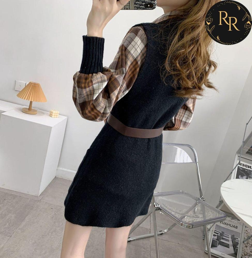 【送料無料】rrstyleレディース 2点セットチエレガントェック柄シャツ+無地ニットベストワンピース