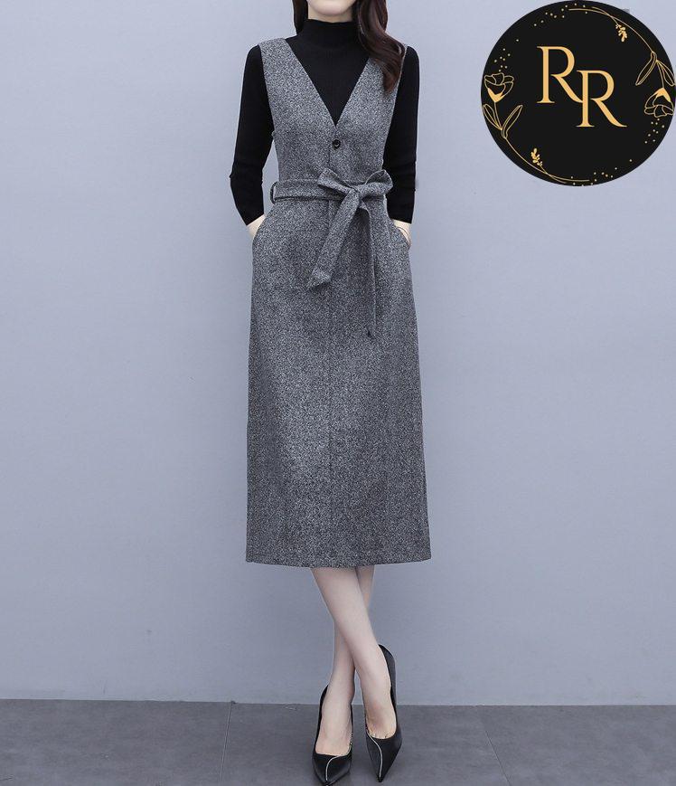 【送料無料】rrstyleレディース 2点セット 無地ハイネックニットセーター+無地Vネックリボン飾りワンピース