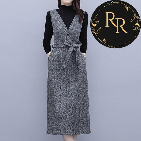 【送料無料】rrstyleレディース 2点セット 無地ハイネックニットセーター+無地Vネックリボン飾りワンピース