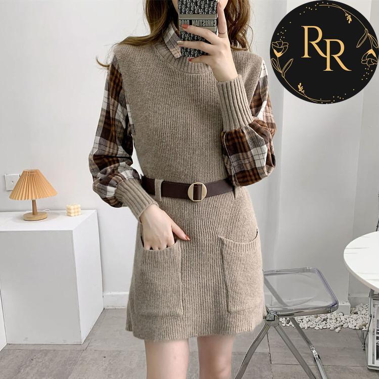 【送料無料】rrstyleレディース 2点セットチエレガントェック柄シャツ+無地ニットベストワンピース
