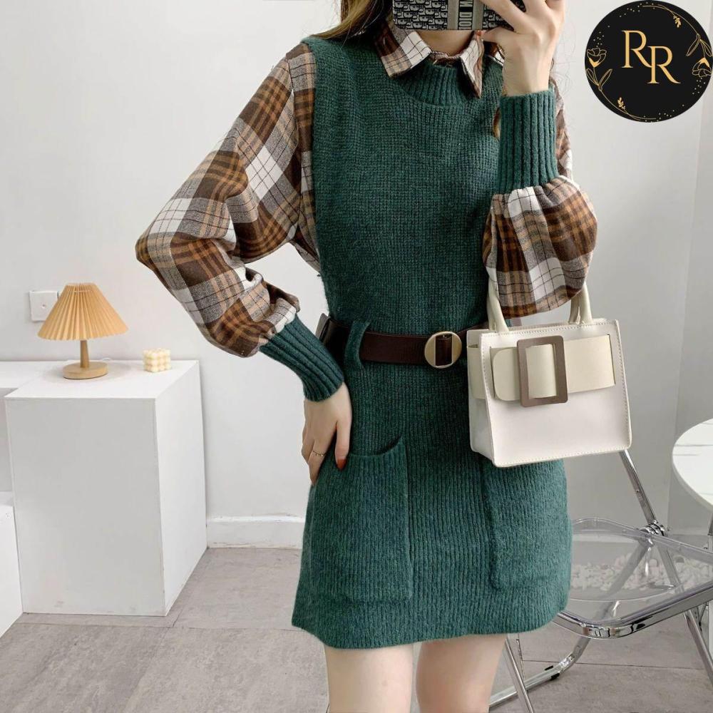 【送料無料】rrstyleレディース 2点セットチエレガントェック柄シャツ+無地ニットベストワンピース