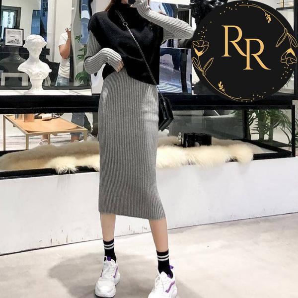 【送料無料】rrstyleレディース 2点セット無地ベスト+シンプルニットワンピースセットアップ