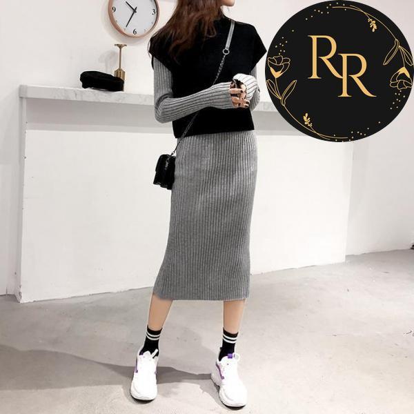 【送料無料】rrstyleレディース 2点セット無地ベスト+シンプルニットワンピースセットアップ