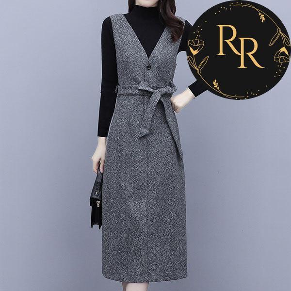 【送料無料】rrstyleレディース 2点セット 無地ハイネックニットセーター+無地Vネックリボン飾りワンピース