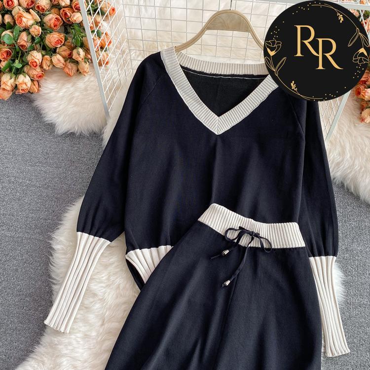 【送料無料】rrstyleレディース 2ットセットアップ無地Vネックルーズ配色トップス+ゴムウエストパンツ