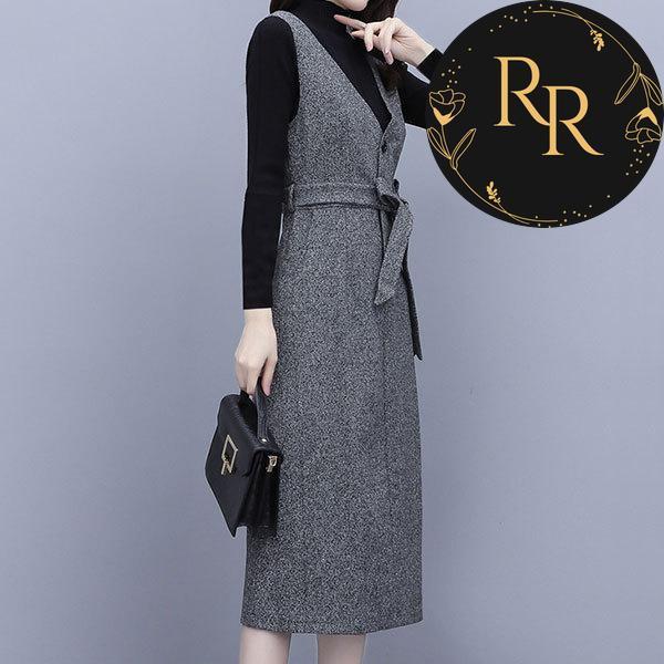 【送料無料】rrstyleレディース 2点セット 無地ハイネックニットセーター+無地Vネックリボン飾りワンピース