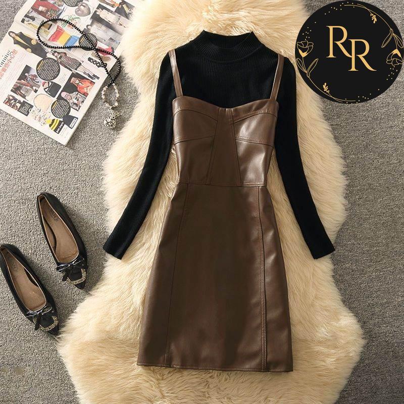 【送料無料】rrstyleレディース 2点セット着回し力抜群ラウンドネック長袖ニットセーター+無地カジュアルワンピース