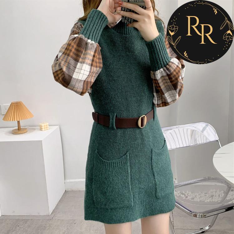 【送料無料】rrstyleレディース 2点セットチエレガントェック柄シャツ+無地ニットベストワンピース