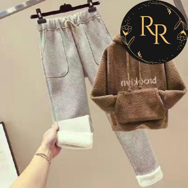 【送料無料】rrstyleレディース 無地フード付きポケット付き刺繍ボウタイセットアップ