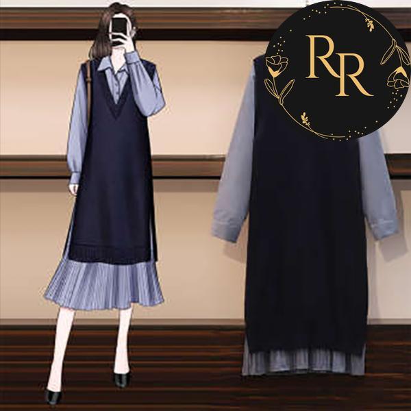 【送料無料】rrstyleレディース 2点セットエレガントニットストレートルーズベスト+無地ギャザー飾り長袖シャツワンピース
