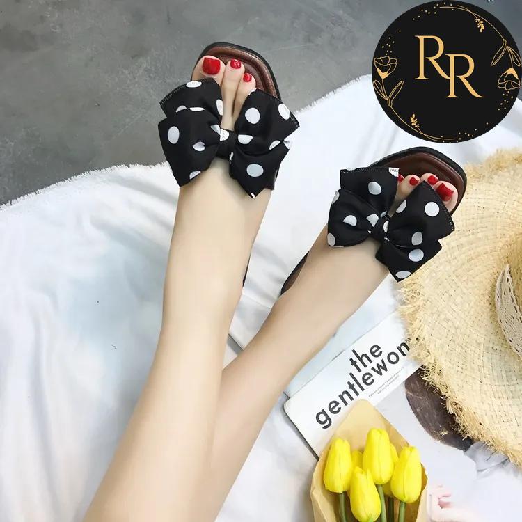 【送料無料】 rrstyle レディース おしゃれ度高め ドット柄 切り替え リボン付き カジュアル キュート 森ガール 平底 ローファー サンダル