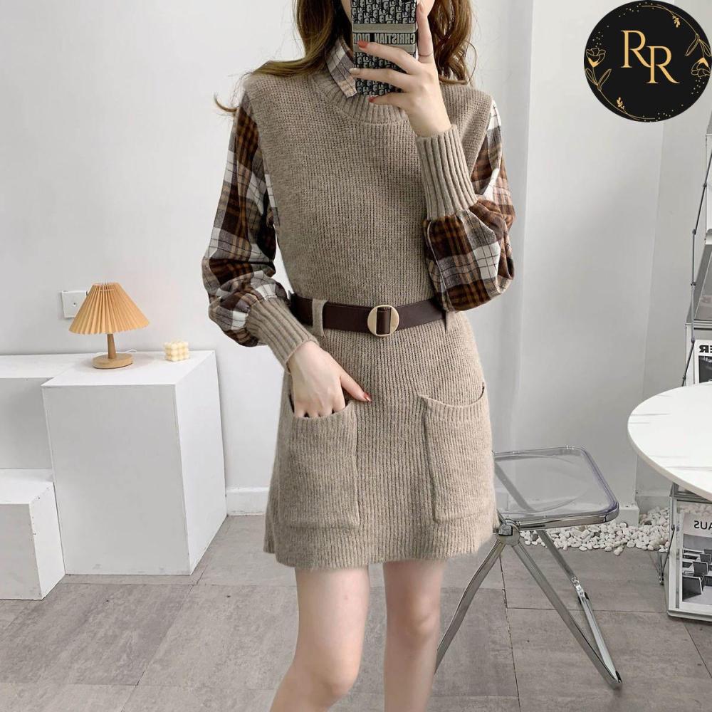 【送料無料】rrstyleレディース 2点セットチエレガントェック柄シャツ+無地ニットベストワンピース