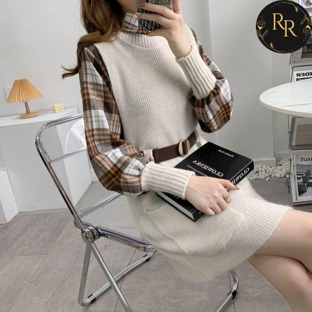 【送料無料】rrstyleレディース 2点セットチエレガントェック柄シャツ+無地ニットベストワンピース