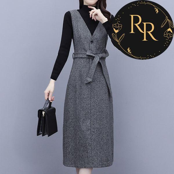 【送料無料】rrstyleレディース 2点セット 無地ハイネックニットセーター+無地Vネックリボン飾りワンピース