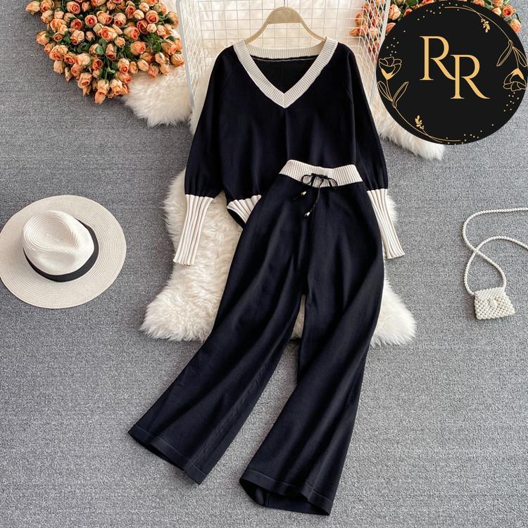 【送料無料】rrstyleレディース 2ットセットアップ無地Vネックルーズ配色トップス+ゴムウエストパンツ