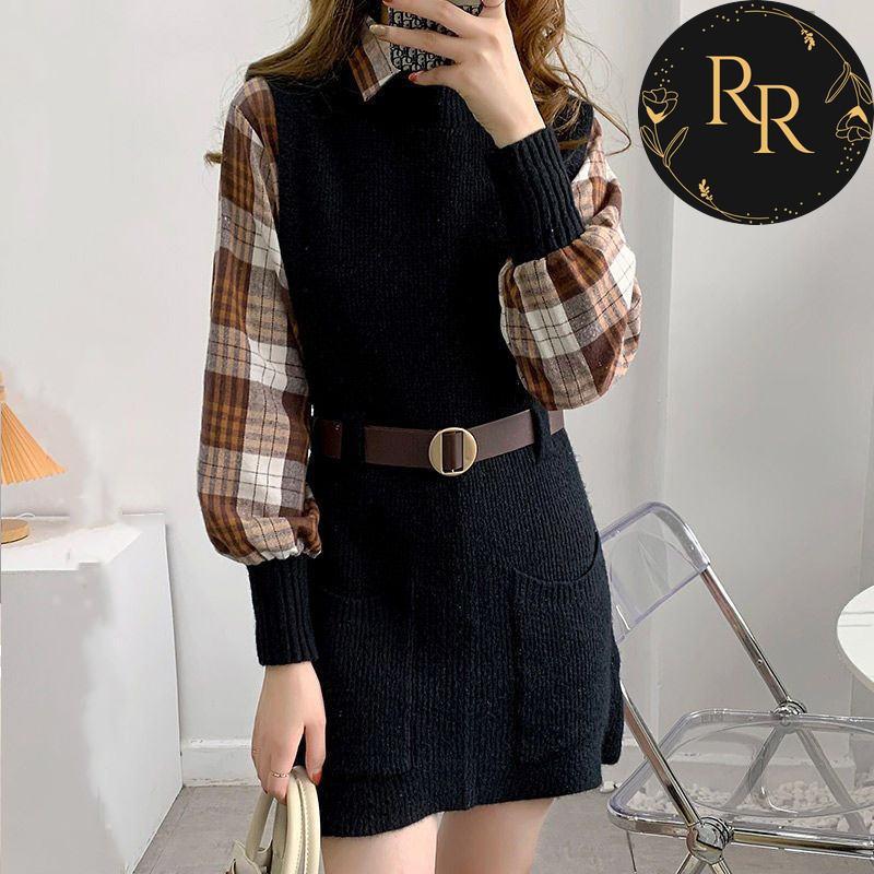 【送料無料】rrstyleレディース 2点セットチエレガントェック柄シャツ+無地ニットベストワンピース