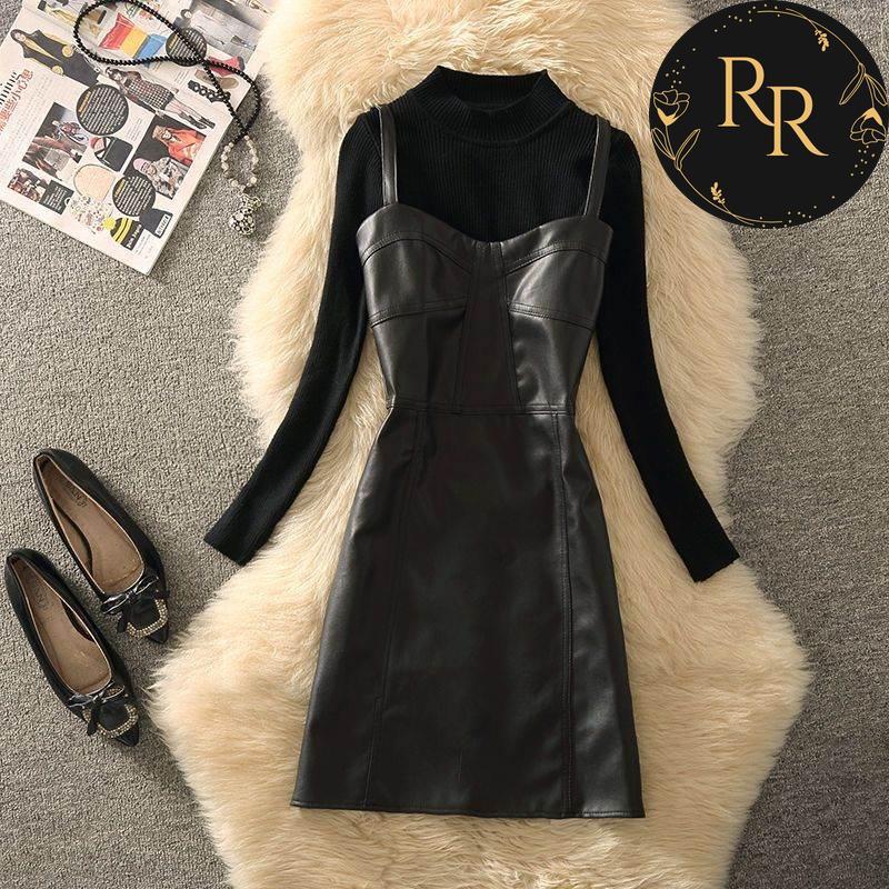 【送料無料】rrstyleレディース 2点セット着回し力抜群ラウンドネック長袖ニットセーター+無地カジュアルワンピース