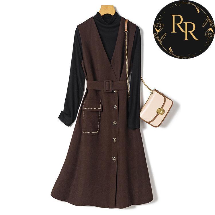 【送料無料】rrstyleレディース 2点セット無地ニットトップス+ベルト付き着瘦せワンピース