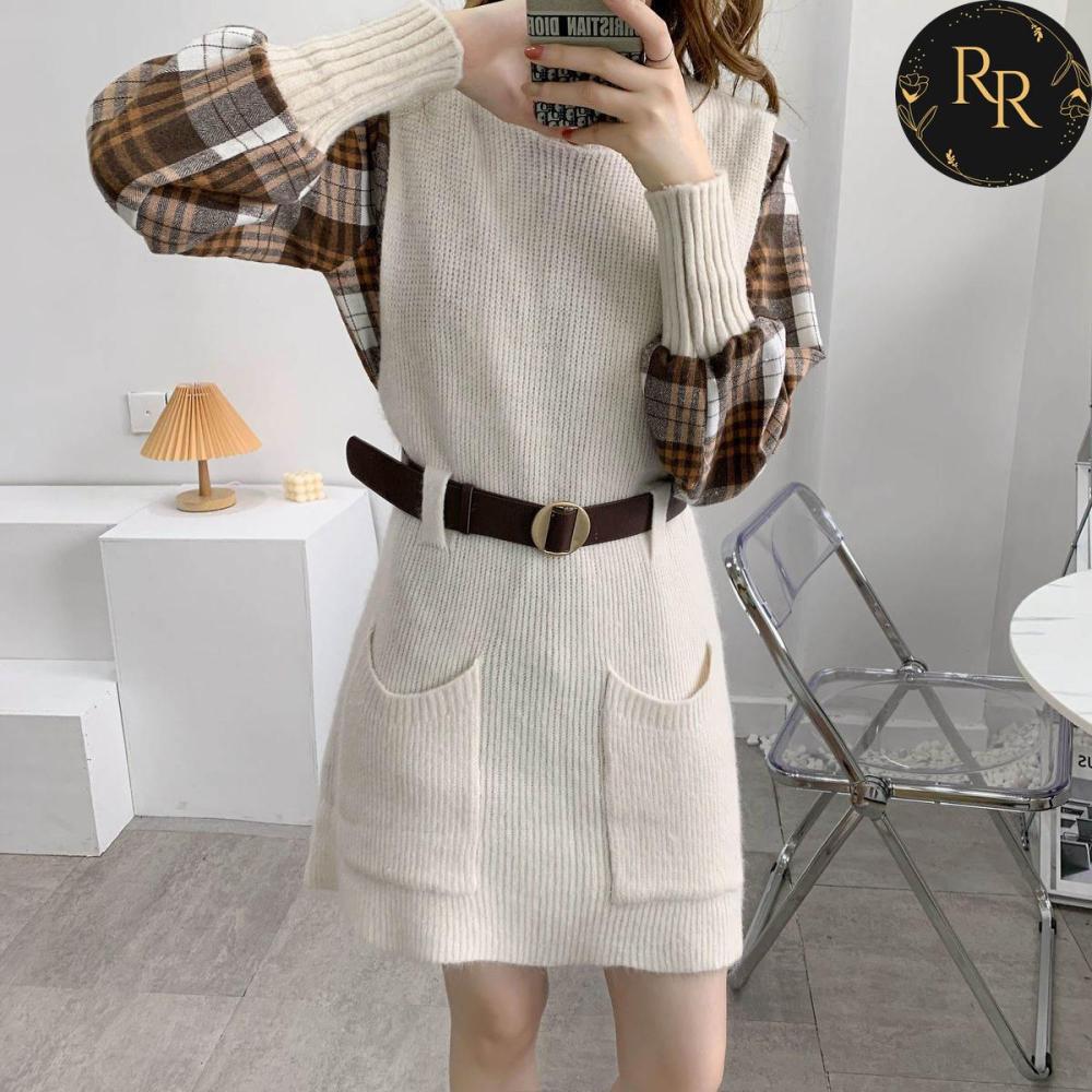 【送料無料】rrstyleレディース 2点セットチエレガントェック柄シャツ+無地ニットベストワンピース