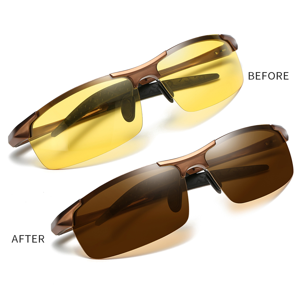 Customized Men's Aluminum Semi-rimless Photochromic Sports Sunglasses Anti-glare Light Adaptive Lenes for Day and Night Driving Glasses