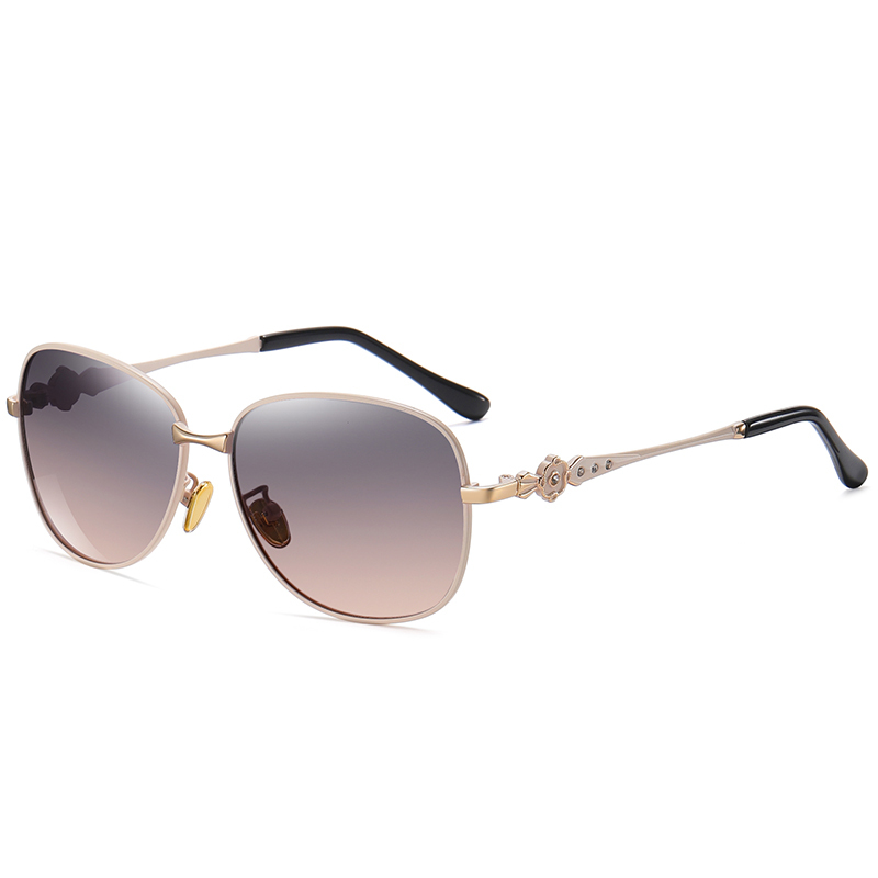 Wholesale Women's Two Tone Metal Oval Retro Sunglasses for Mature Ladies Gradient Polarized Fashion Sunglass with Flowers on Side