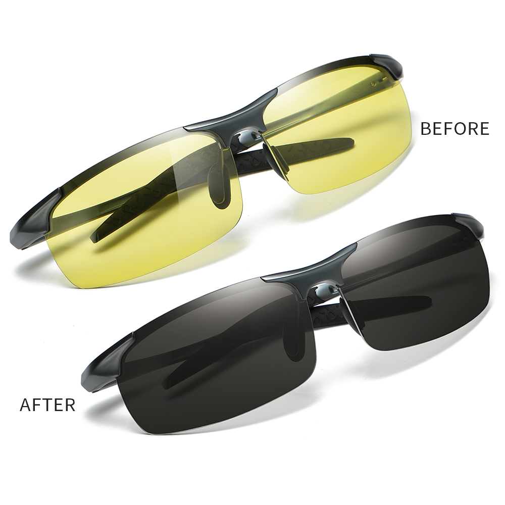 Customized Men's Aluminum Semi-rimless Photochromic Sports Sunglasses Anti-glare Light Adaptive Lenes for Day and Night Driving Glasses