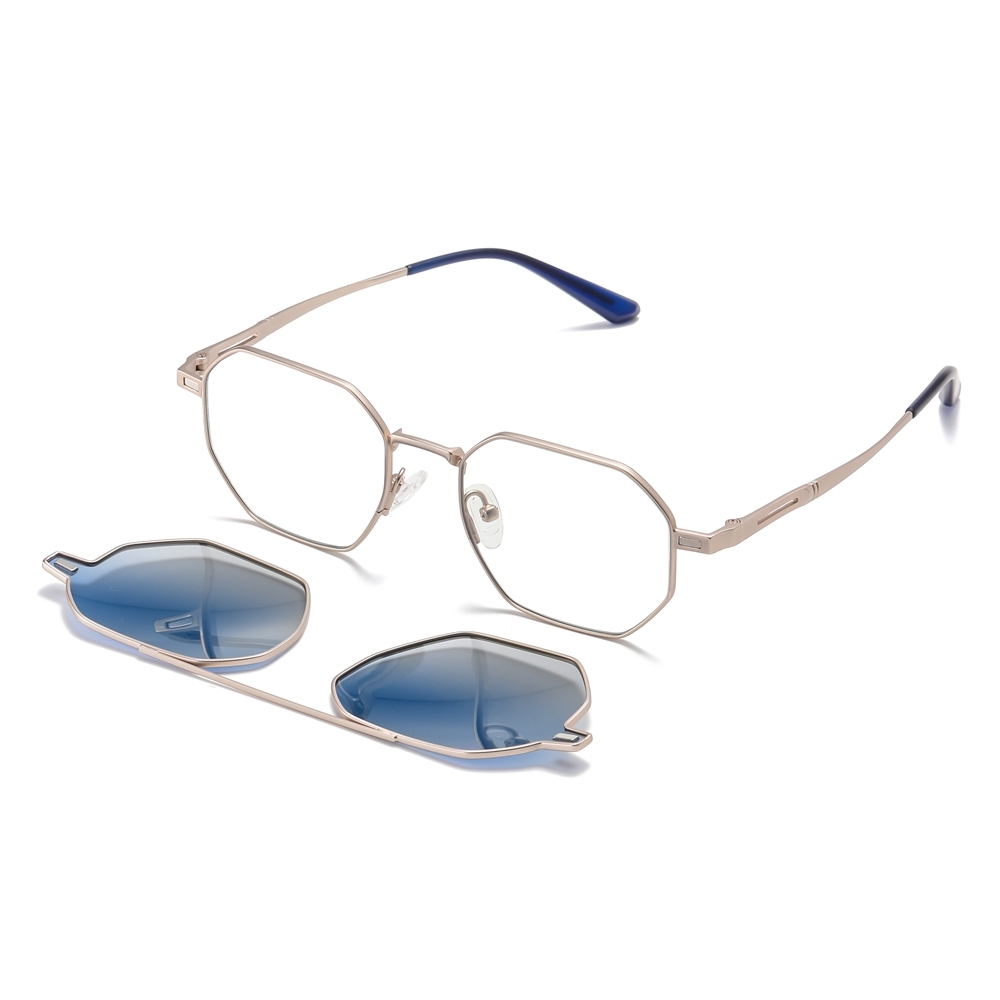 Wholesale Hexagonal Metal Prescription Glasses Frame with Magnetic Snap On Shades for Men's Polarized Clip On Sunglasses Over Eyeglasses Online