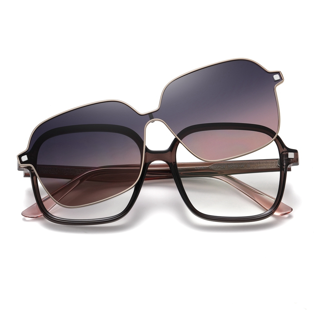 Wholesale TR90 Large Rounded Square Eyeglass Frames with Magnetic Polarized Clip-on Shades for Women 2 in 1 Prescription Glasses and Sunglasses