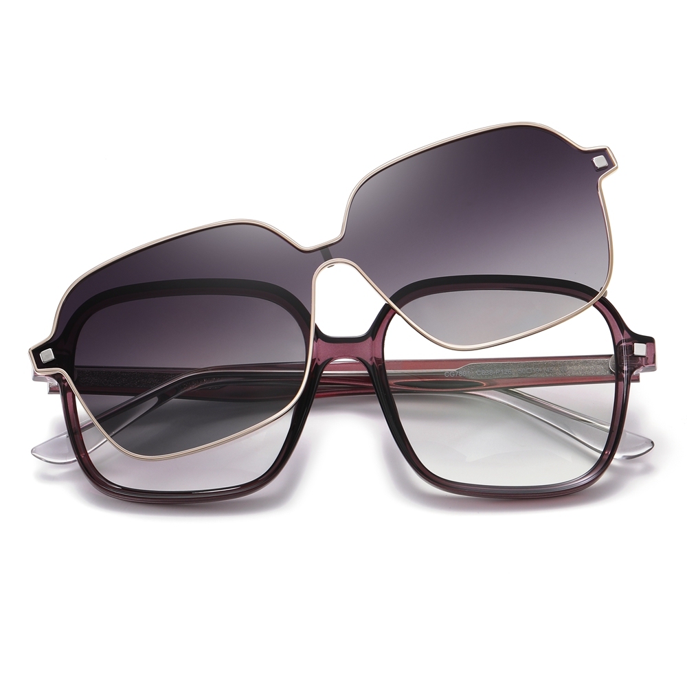 Wholesale TR90 Large Rounded Square Eyeglass Frames with Magnetic Polarized Clip-on Shades for Women 2 in 1 Prescription Glasses and Sunglasses