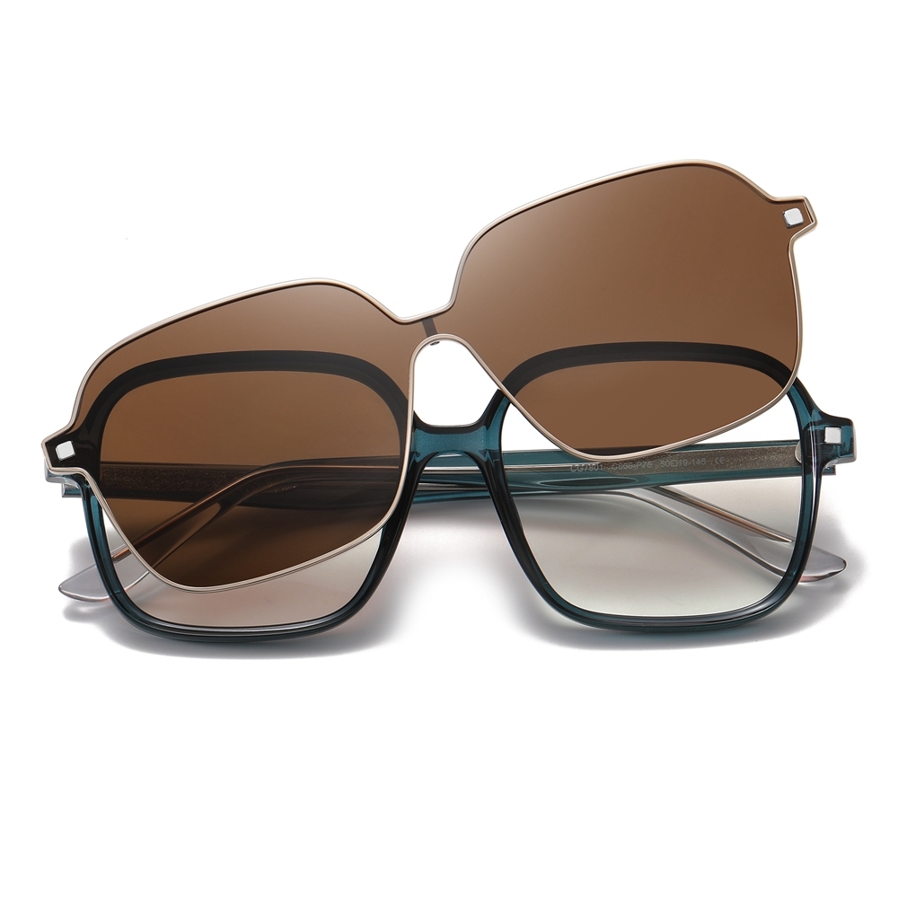 Wholesale TR90 Large Rounded Square Eyeglass Frames with Magnetic Polarized Clip-on Shades for Women 2 in 1 Prescription Glasses and Sunglasses