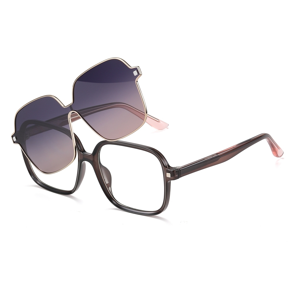 Wholesale TR90 Large Rounded Square Eyeglass Frames with Magnetic Polarized Clip-on Shades for Women 2 in 1 Prescription Glasses and Sunglasses