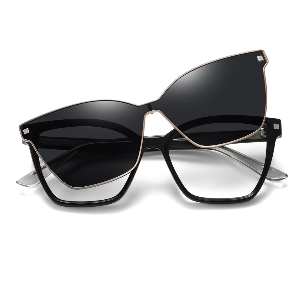 Bulk Order Detachable Two in One Eyewear Set for Women's Cat Eye Prescription Glasses Frames with Magnetic Clip on Sunglasses Supplier China