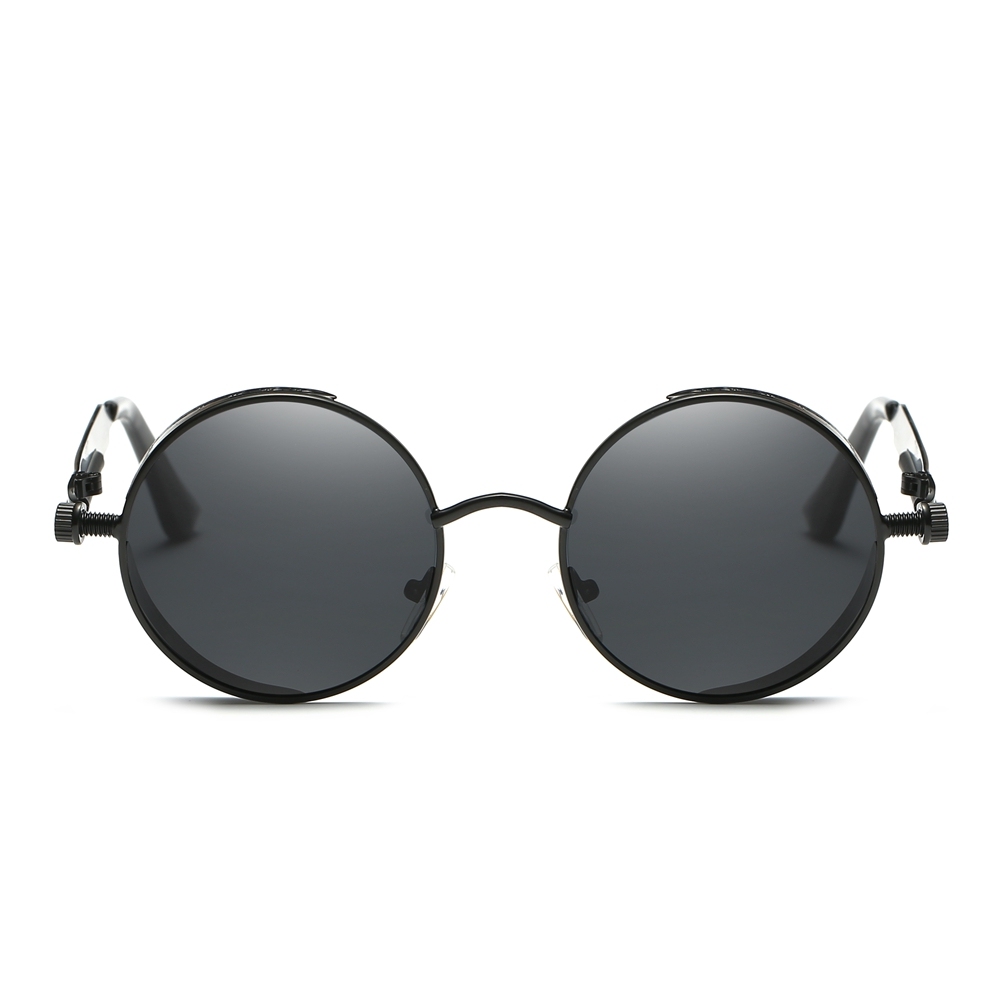 Wholesale Men's Goth Retro Round Steampunk Polarized Sunglasses with Side Shields Screw Design Spring-coil Temples Circle Frame Sun Glasses