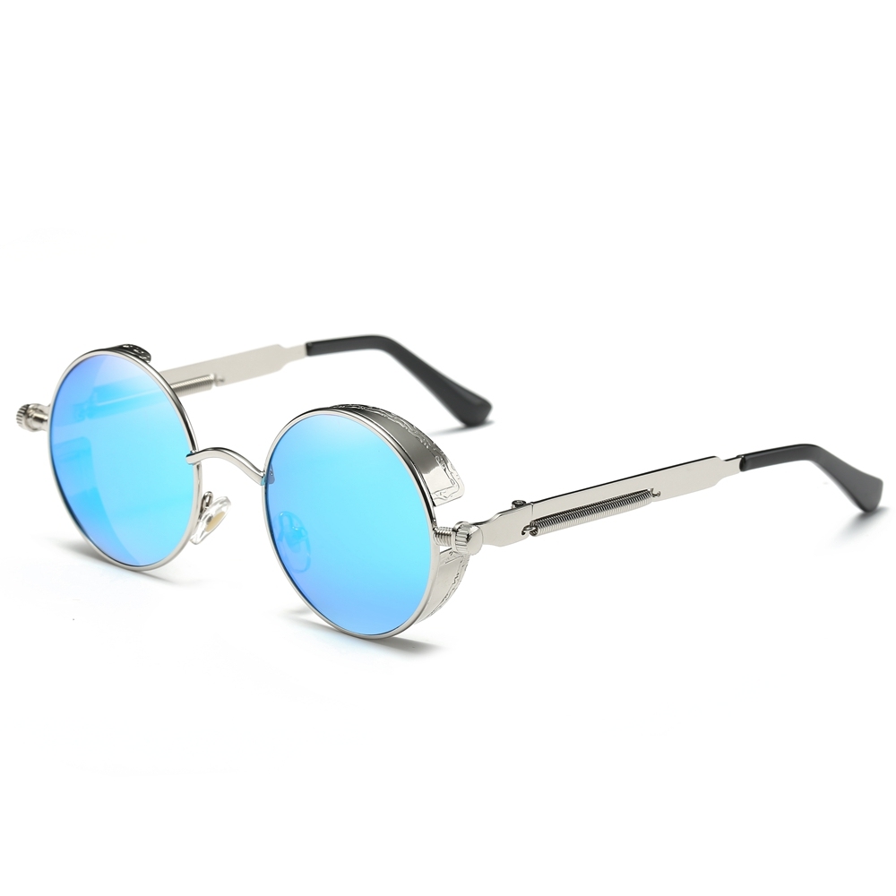 Wholesale Retro Round Steampunk Sunglasses for Men Goth Mechanical Polarized Shades with Screw Design Engraved Side Shields and Spring-Coil Temples