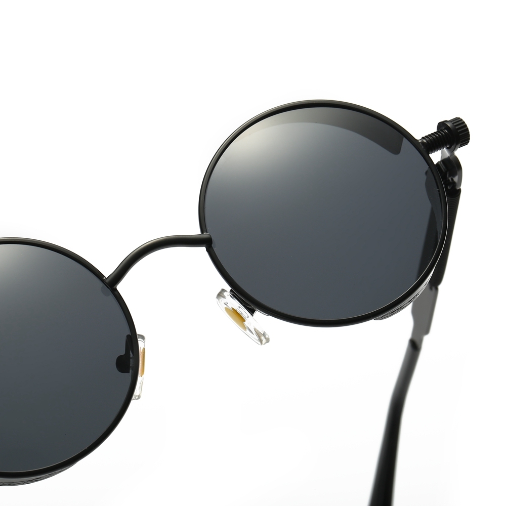 Wholesale Men's Goth Retro Round Steampunk Polarized Sunglasses with Side Shields Screw Design Spring-coil Temples Circle Frame Sun Glasses