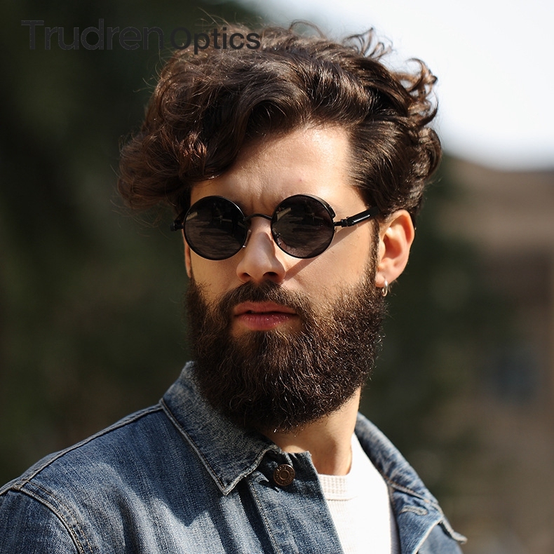 Wholesale Men's Goth Retro Round Steampunk Polarized Sunglasses with Side Shields Screw Design Spring-coil Temples Circle Frame Sun Glasses