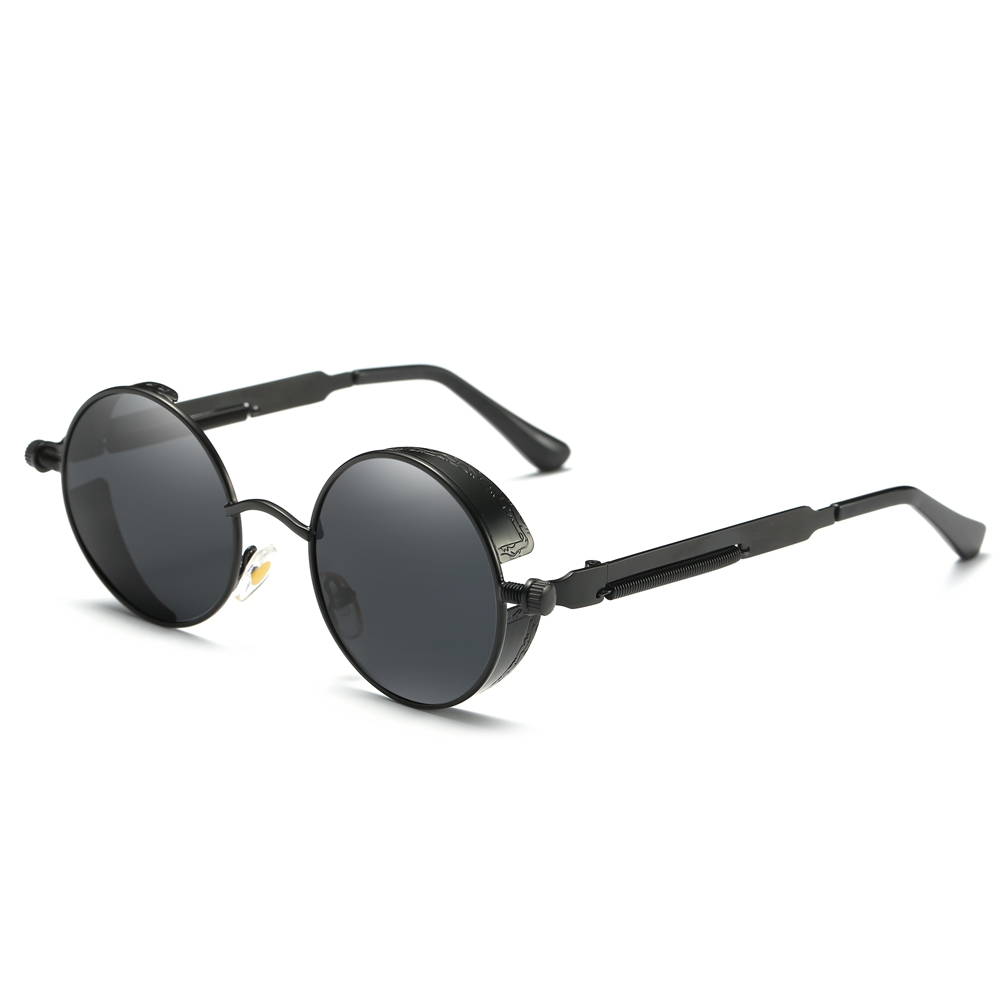 Wholesale Retro Round Steampunk Sunglasses for Men Goth Mechanical Polarized Shades with Screw Design Engraved Side Shields and Spring-Coil Temples