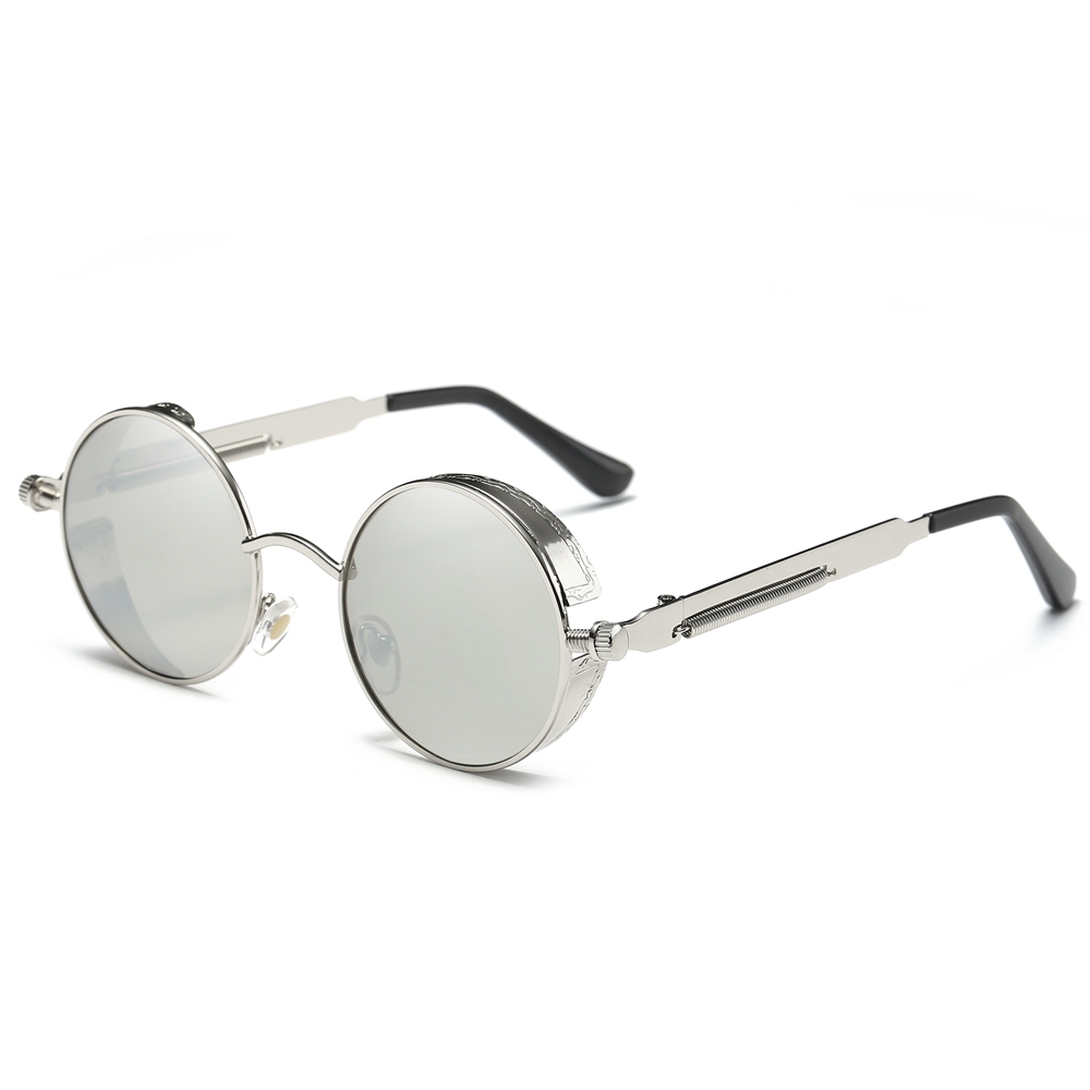 Wholesale Men's Goth Retro Round Steampunk Polarized Sunglasses with Side Shields Screw Design Spring-coil Temples Circle Frame Sun Glasses