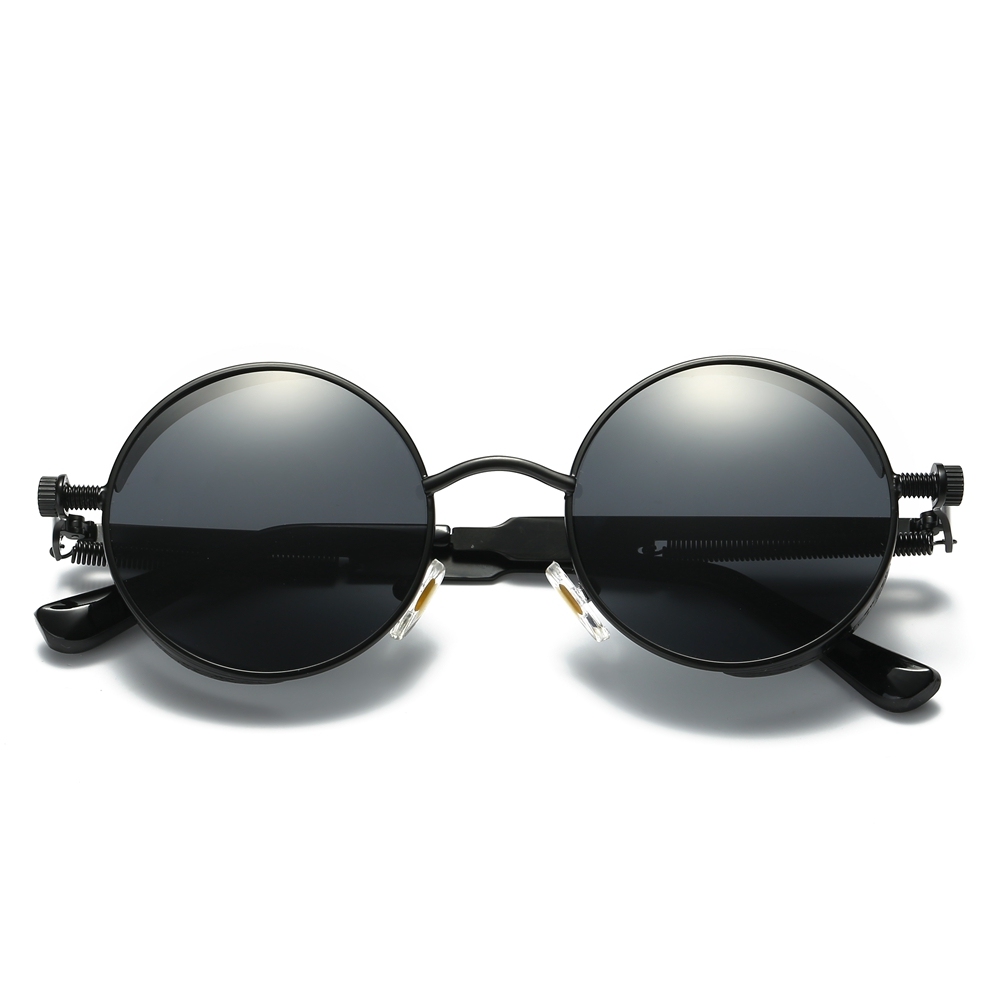 Wholesale Men's Goth Retro Round Steampunk Polarized Sunglasses with Side Shields Screw Design Spring-coil Temples Circle Frame Sun Glasses