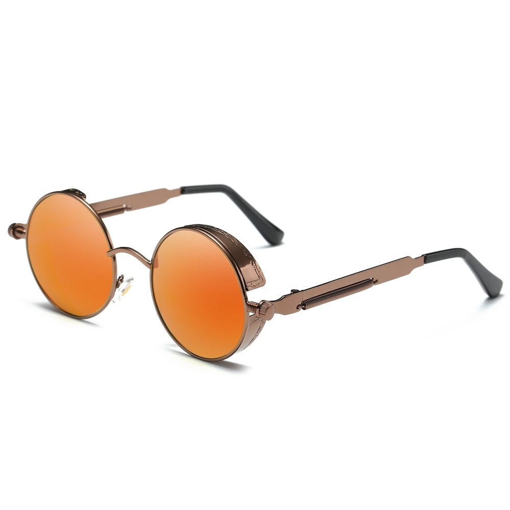 Wholesale Men's Goth Retro Round Steampunk Polarized Sunglasses with Side Shields Screw Design Spring-coil Temples Circle Frame Sun Glasses