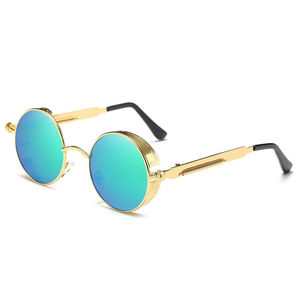 Wholesale Men's Goth Retro Round Steampunk Polarized Sunglasses with Side Shields Screw Design Spring-coil Temples Circle Frame Sun Glasses