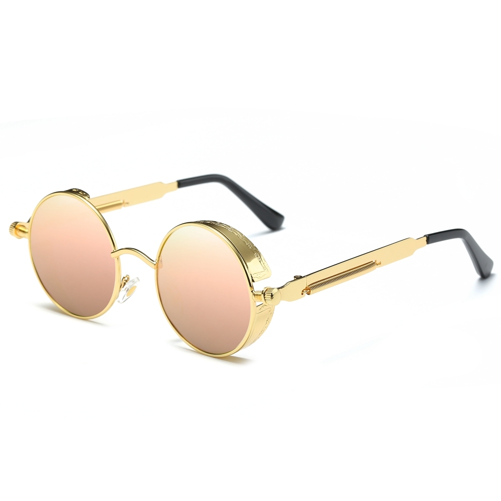 Wholesale Men's Goth Retro Round Steampunk Polarized Sunglasses with Side Shields Screw Design Spring-coil Temples Circle Frame Sun Glasses