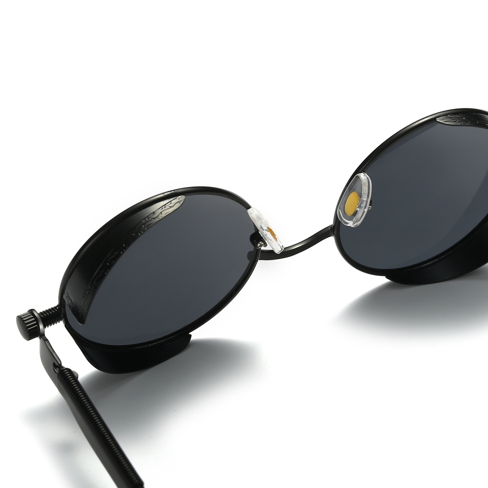 Wholesale Men's Goth Retro Round Steampunk Polarized Sunglasses with Side Shields Screw Design Spring-coil Temples Circle Frame Sun Glasses