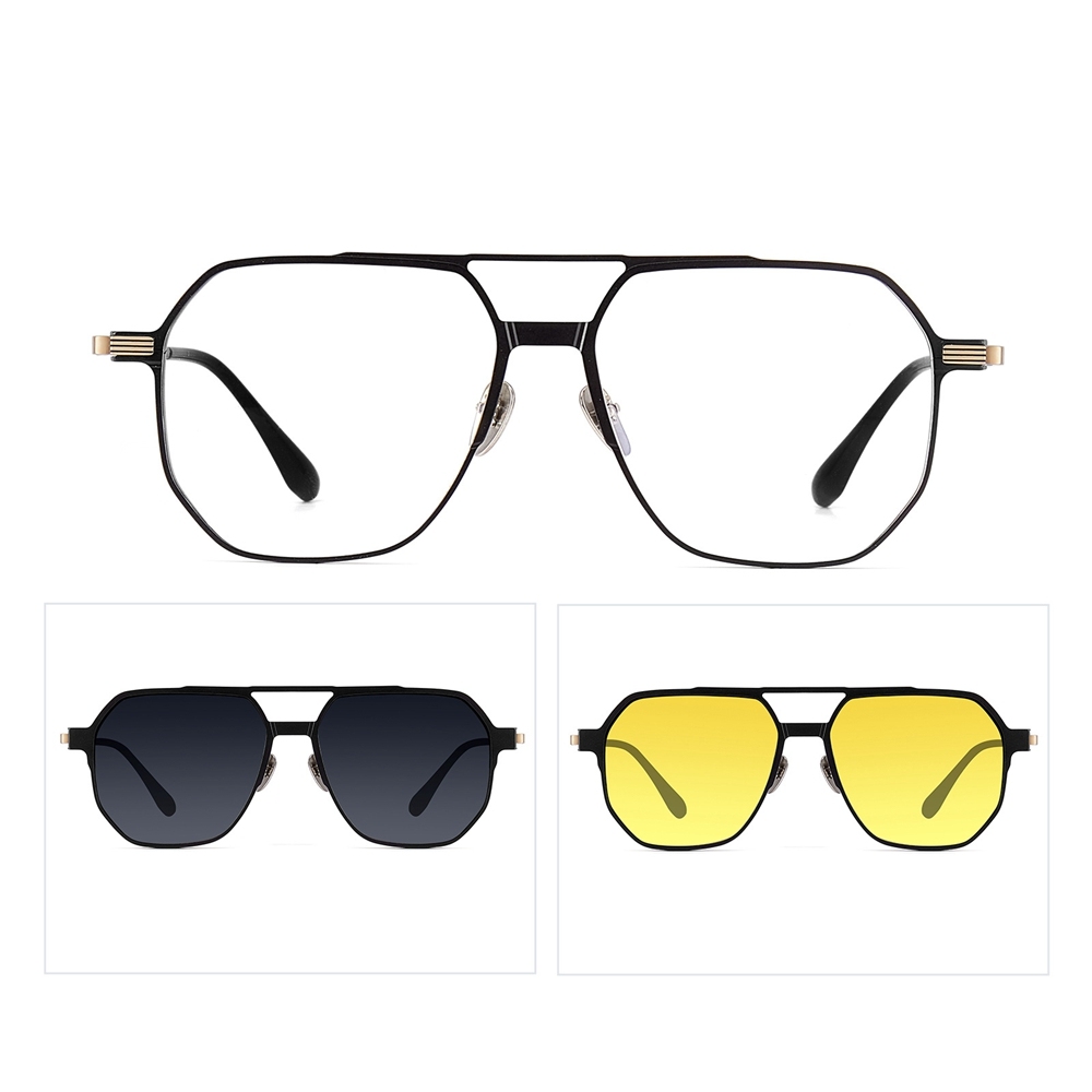 3 in 1 Aluminum Aviator Optical Frames with Magnetic Clip on Polarized Sunglasses & Night Vision Glasses Oversized Navigator Snap on Eyewear Set