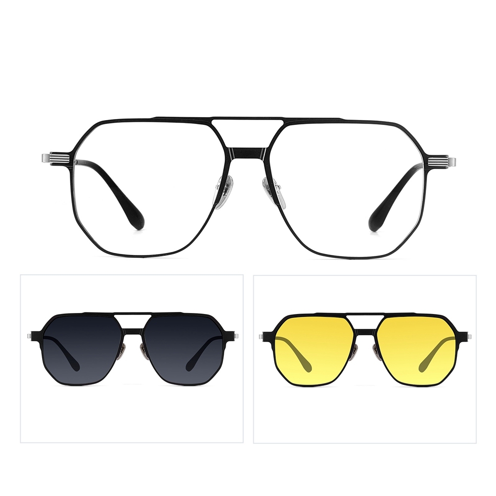 3 in 1 Aluminum Aviator Optical Frames with Magnetic Clip on Polarized Sunglasses & Night Vision Glasses Oversized Navigator Snap on Eyewear Set